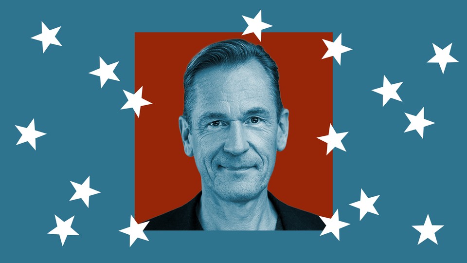 Photo of guest Mathias Döpfner against a blue background and falling white stars