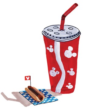 Illustration with giant red/white soda cup with lid and straw towering over tiny hot dog with teensy flag