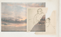 A drawing of a mother and her baby, split apart by a painting of the sky