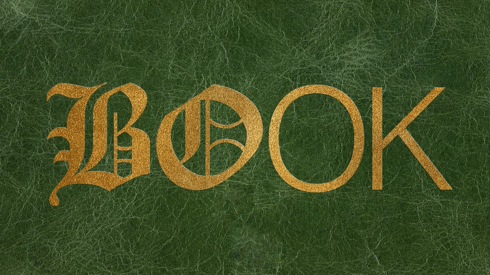 The word "book" embossed in foil letters on a green leather background. The first two letters are embellished Gothic fonts and the last two are modern, skinny sans serifs.