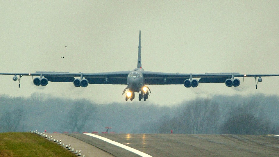 This is not a Boeing 737 Max. It is the Air Force's workhorse B-52 bomber, landing at a UK airfield during the Iraq War. A B-52 pilot and instructor argues that training issues are similar, across different models of airplanes.