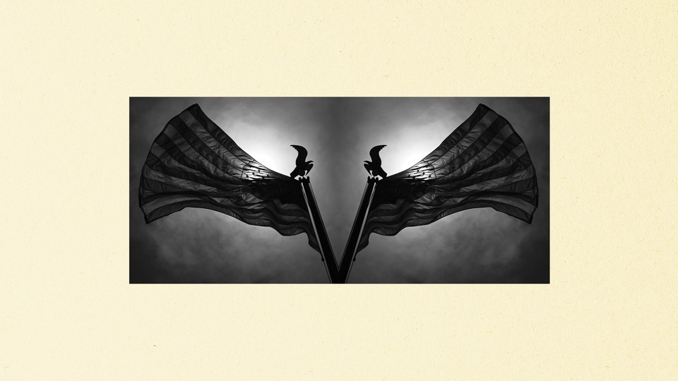 Black-and-white photograph of a waving American flag mirrored across the image’s Y-axis. The photo is surrounded by a border.
