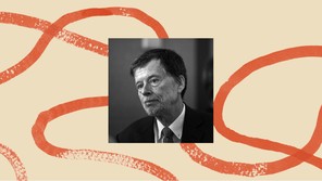 A black-and-white photo of the documentarian Ken Burns, bordered by an illustration