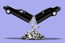 A limousine broken in half midair, against a purple background, with money coming out of it