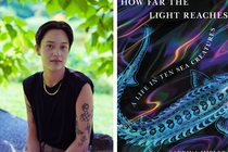 split header image of author Sabrina Imbler on the left, cover of How Far the Light Reaches on the right