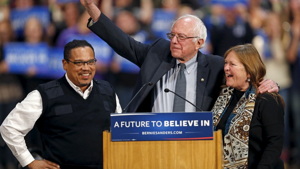 Keith Ellison with Bernie and Jane Sanders at a rally in St. Paul, Minnesota, in January 2016