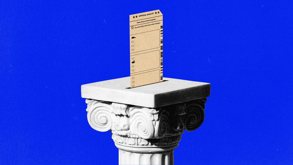 An illustration of a ballot on a pedestal.