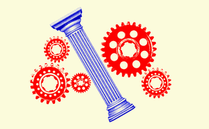A photo illustration of cogs and wheels of a machine with an ionic column in the middle.
