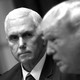 A black-and-white image shows Vice President Mike Pence looking at President Donald Trump as he speaks.
