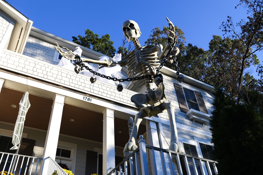 A giant decorative skeleton stands in the front yard of a house