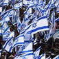 A crowd of protesters waving hundreds of Israeli flags.