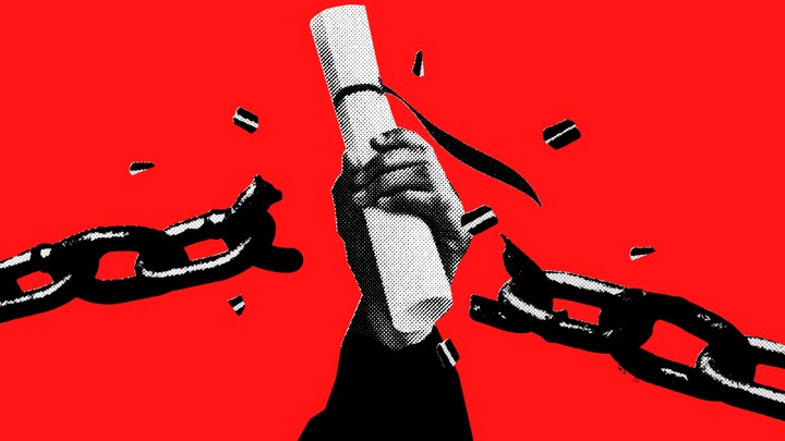 An illustration of chains breaking free around a hand holding a diploma.