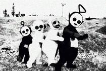 An image of the four Teletubbies (from left to right: Po, Laa-Laa, Dipsy, and Tinky Winky). The photo is rendered in grainy black-and-white, and where the Teletubbies' eyes should be, instead there are black circles.