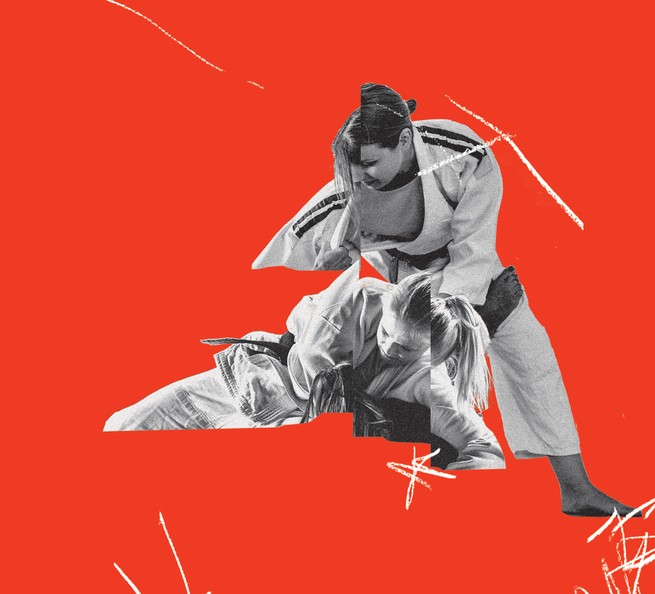 black and white photograph of sparring women on red background with white pencil marks