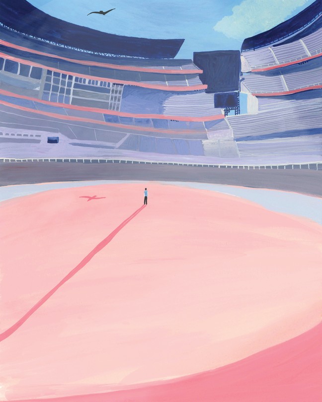 illustration of person standing alone and casting long shadow on pastel-pink baseball field in huge empty stadium with bird flying overhead