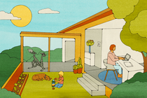 An illustration of a house with a workspace, an outdoor area, and a home gym