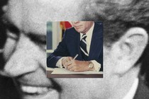 A photo of a man signing a paper set into a larger black and white photo of President Nixon's face in close-up.