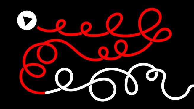 An illustration showing a long curly line that starts at a play button
