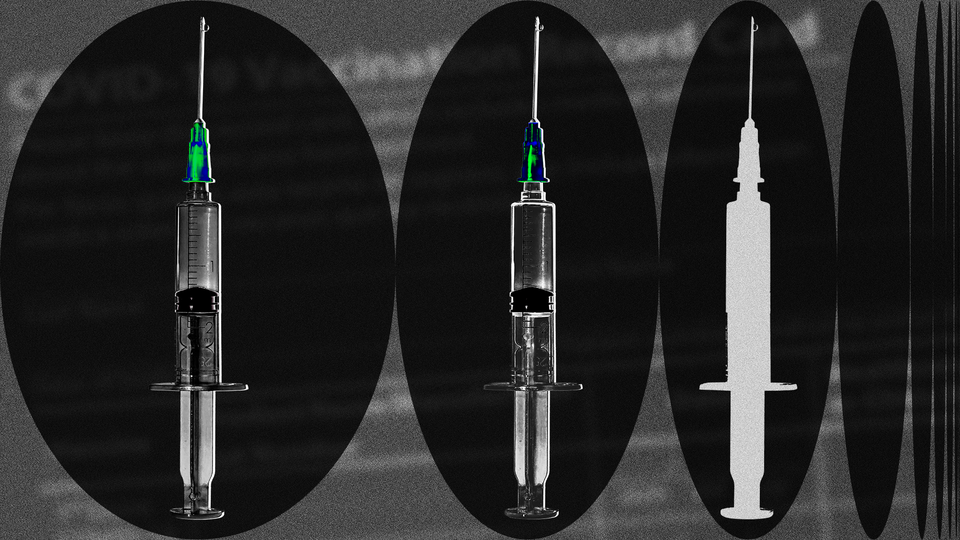 Two multicolored syringes and one white syringe
