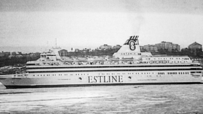 A black and white televised image of the Estonia