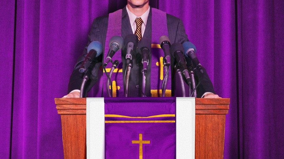 Photo illustration of a pastor dressed as a politician standing at a podium