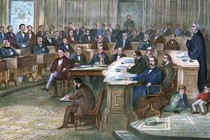 Engraving depicting a courtroom scene during the 1868 impeachment of Andrew Johnson.