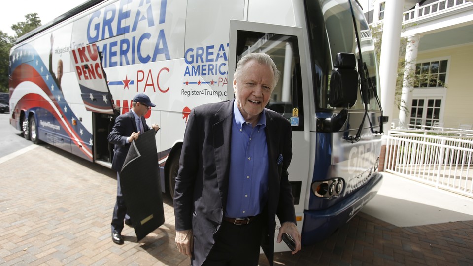 The actor and vocal Trump-supporter Jon Voight leaving a "Great America PAC" bus.