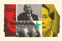 A collage of photos showing Joe Biden, Barack Obama, the Myanmar military, and Aung San Suu Kyi
