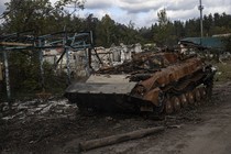 Destroyed armored vehicles and tanks belonging to Russian forces.