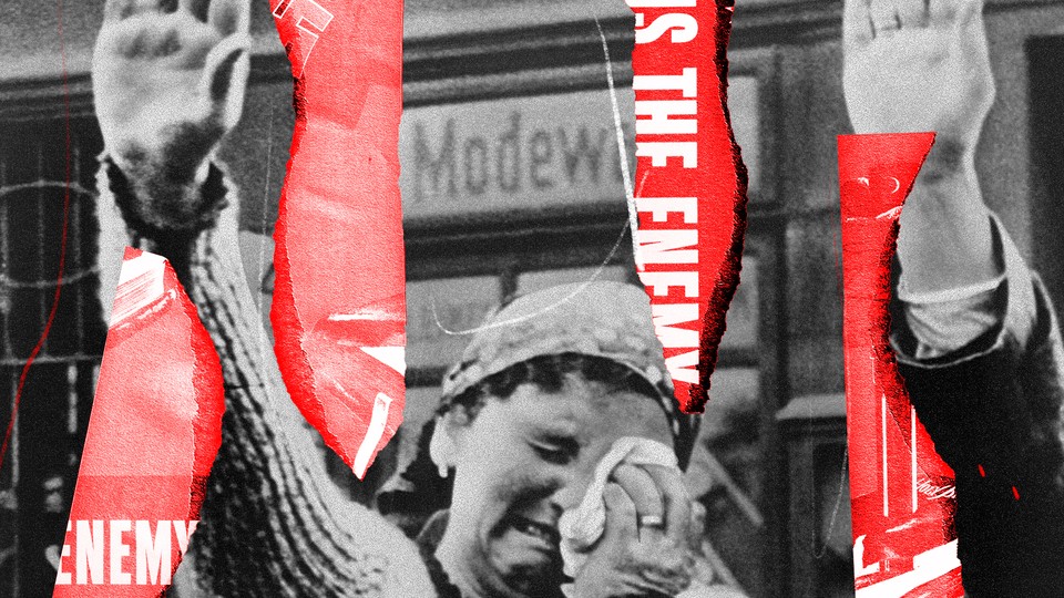 Black-and-white photo of crying woman saluting Hitler overlaid with ripped strips of propaganda