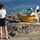 Along a shoreline, a person takes a photograph of a sculpture shaped like a giant banana with a shark's head.