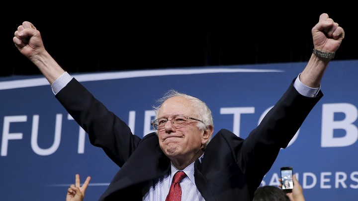 Bernie Sanders raises his fists in celebration at a campaign rally in Henderson, Nevada.