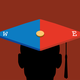 Illustration of a black silhouette wearing a graduation cap that has a blue and red top labeled “W” and “E” like a compass.
