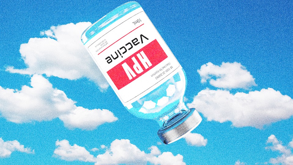 A graphic illustration of a vial of HPV vaccine floating upside down in a partly cloudy blue sky.