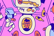 A man in a trashed bathroom looking at his reflection in a toilet bowl