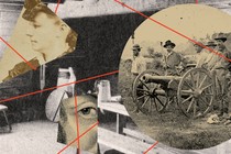 illustration with archival photos of woman in 19th-century dress, a group of men in hats standing around a cannon, the kitchen of an old house, and an illustration of an eye connected by red lines