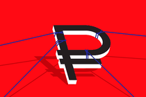 Illustration of a Russian ruble tied up in strings.