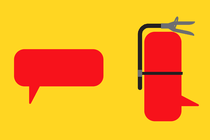 Two red text-bubble icons, one shaped like a fire extinguisher, on a yellow background