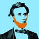 A blue-tinted image of Abe Lincoln with an orange filled-in beard