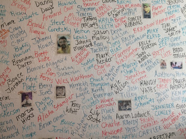 A wall at the New Beginnings treatment center in Piketon, Ohio, lists the names of people who have died from drug overdoses.