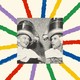 A starburst of colorful stripes extends out from a black-and-white photo of two women getting their hair done at a salon.