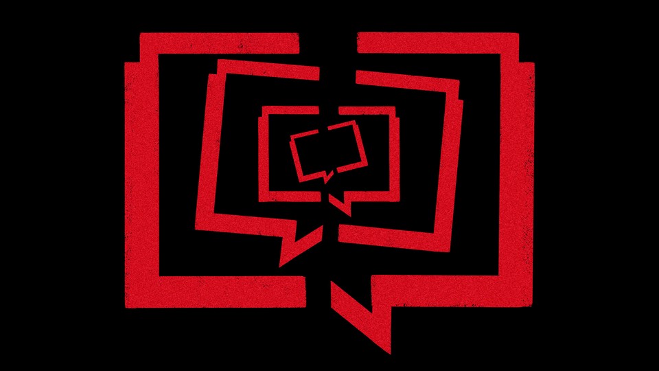 Concentric red speech boxes cracking in half and tilting