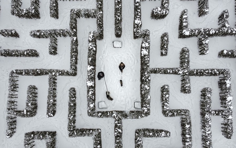 An aerial view of people walking their dogs in a snowy garden maze.