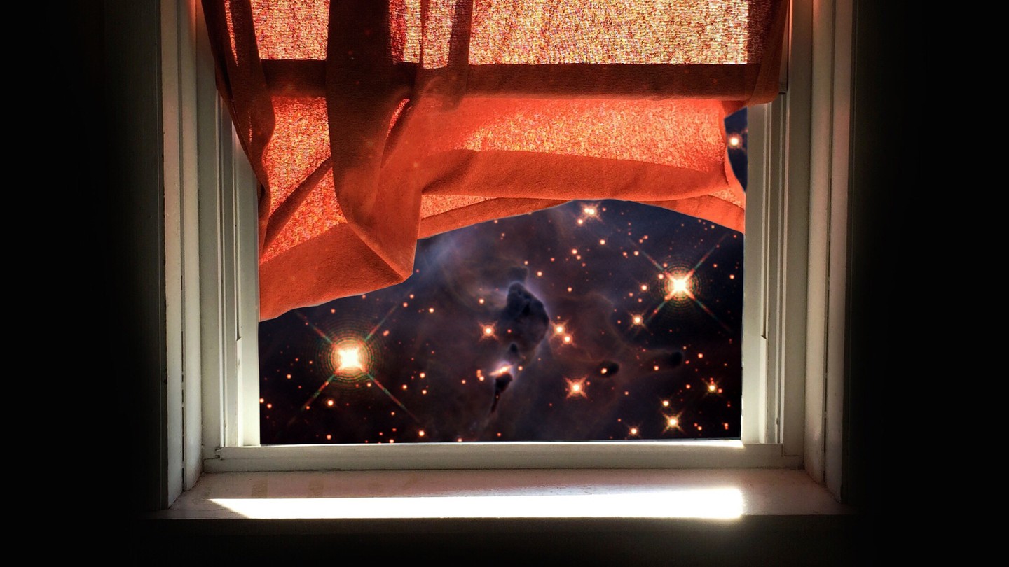 An illustration of a window looking out at a simulated Webb view of the cosmos