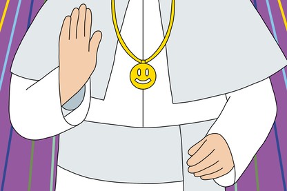 An illustration of a white-robed priest making a sign of peace and wearing a pendant with a smiling face