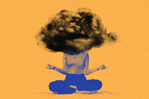 a young woman in a yoga pose with clouds cast over her head