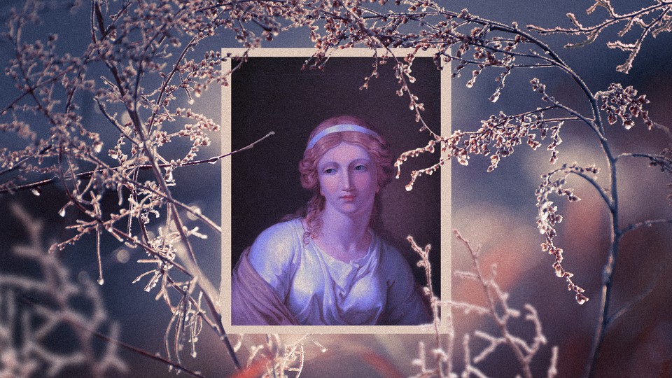 a painting of Helen of Troy framed in beige, overlayed onto an image of delicate branches