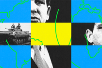 Illustration collage of Ron DeSantis and a tank in Ukraine.