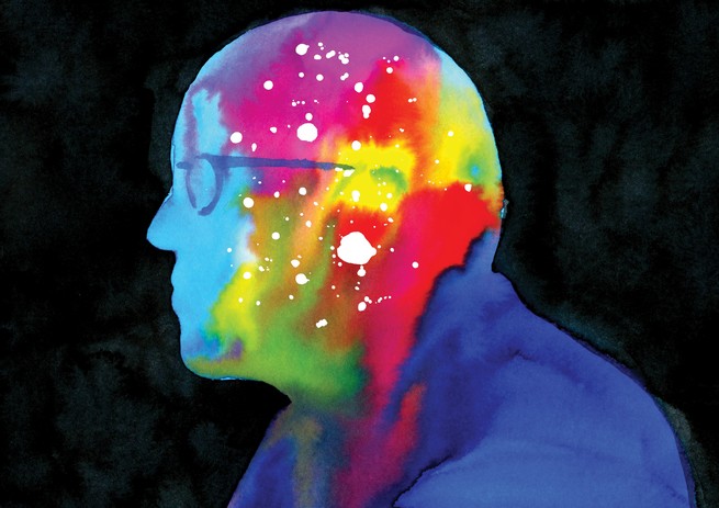 a multicolored watercolor-style painting of a man in side profile