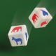 An illustration of two dice with a red elephant and a blue donkey on the sides